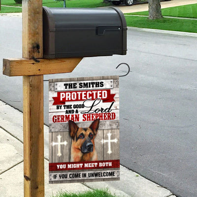 Personalized Protected By Lord and a German Shepherd Garden Flag inkgo